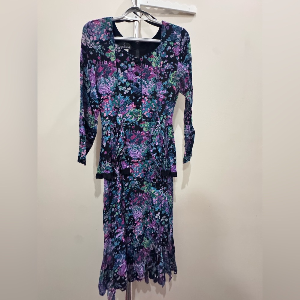 80s Vintage Caroline Little Floral Midi Peplum Romantic Dress Size 6